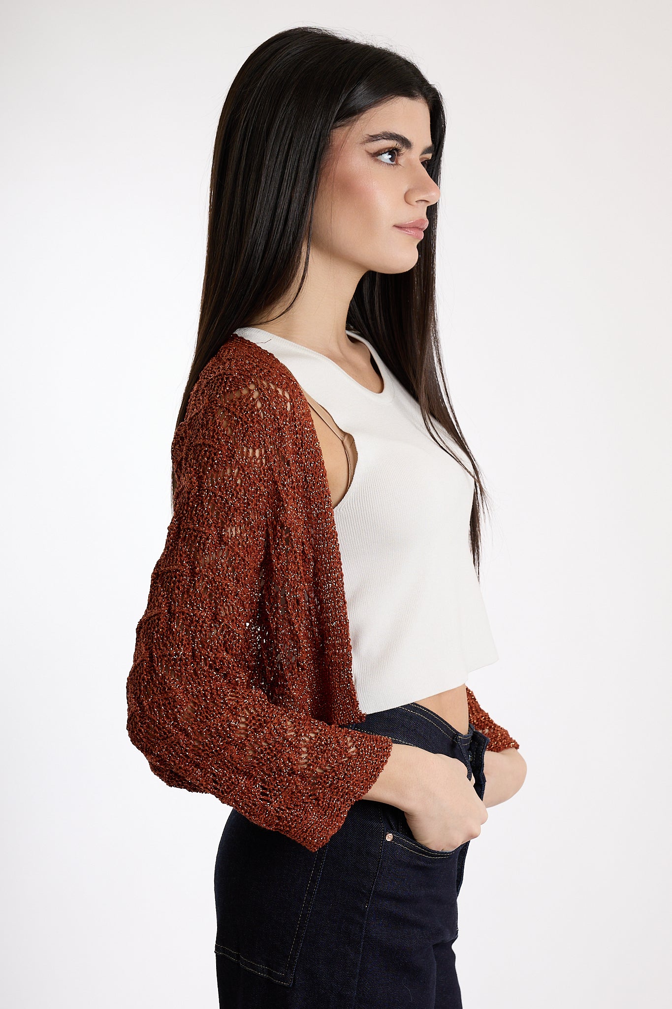 CARDIGAN CORTO LUREX|Colore:Terracotta
