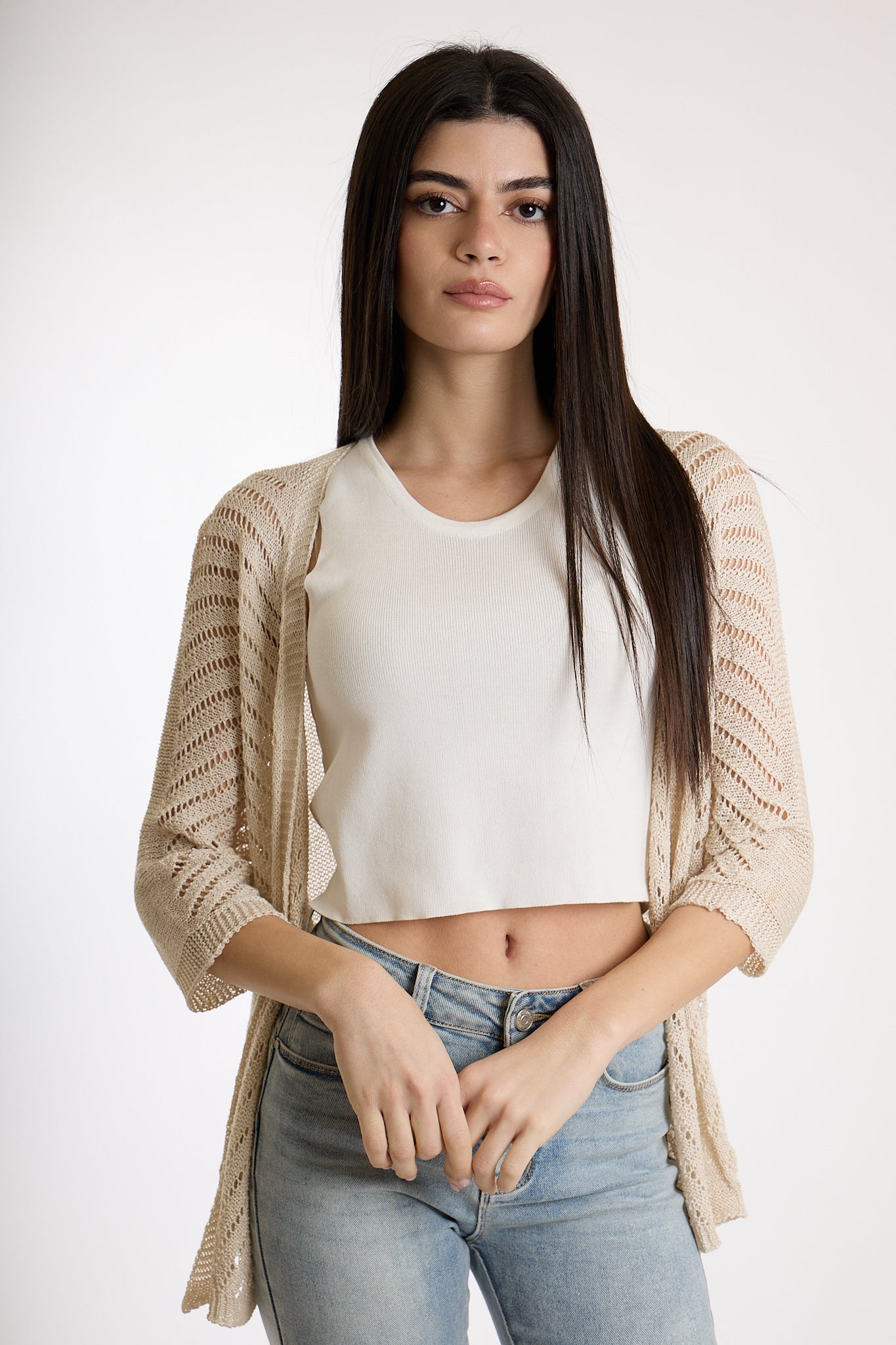 CARDIGAN TRAFORATO|Colore:Sabbia