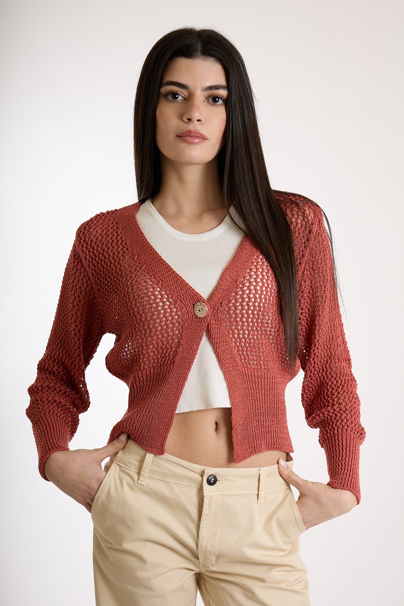 CARDIGAN CORTO BOTTONE ORO|Colore:Terracotta