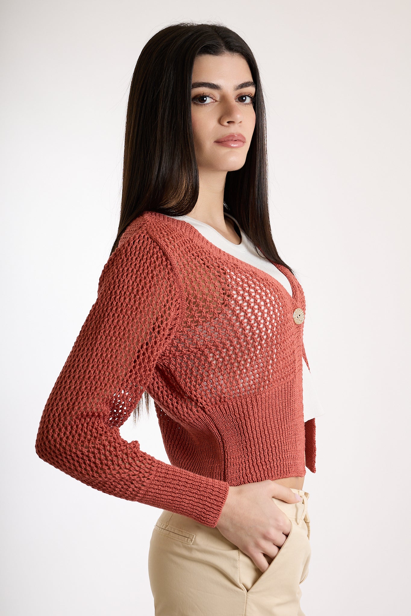 CARDIGAN CORTO BOTTONE ORO|Colore:Terracotta