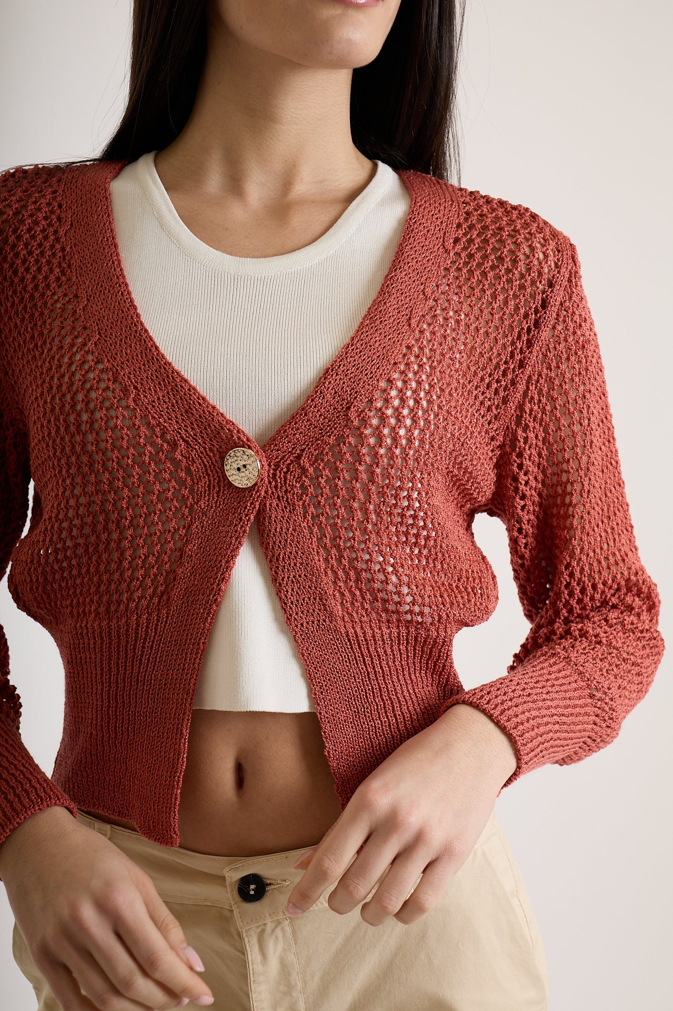 CARDIGAN CORTO BOTTONE ORO|Colore:Terracotta