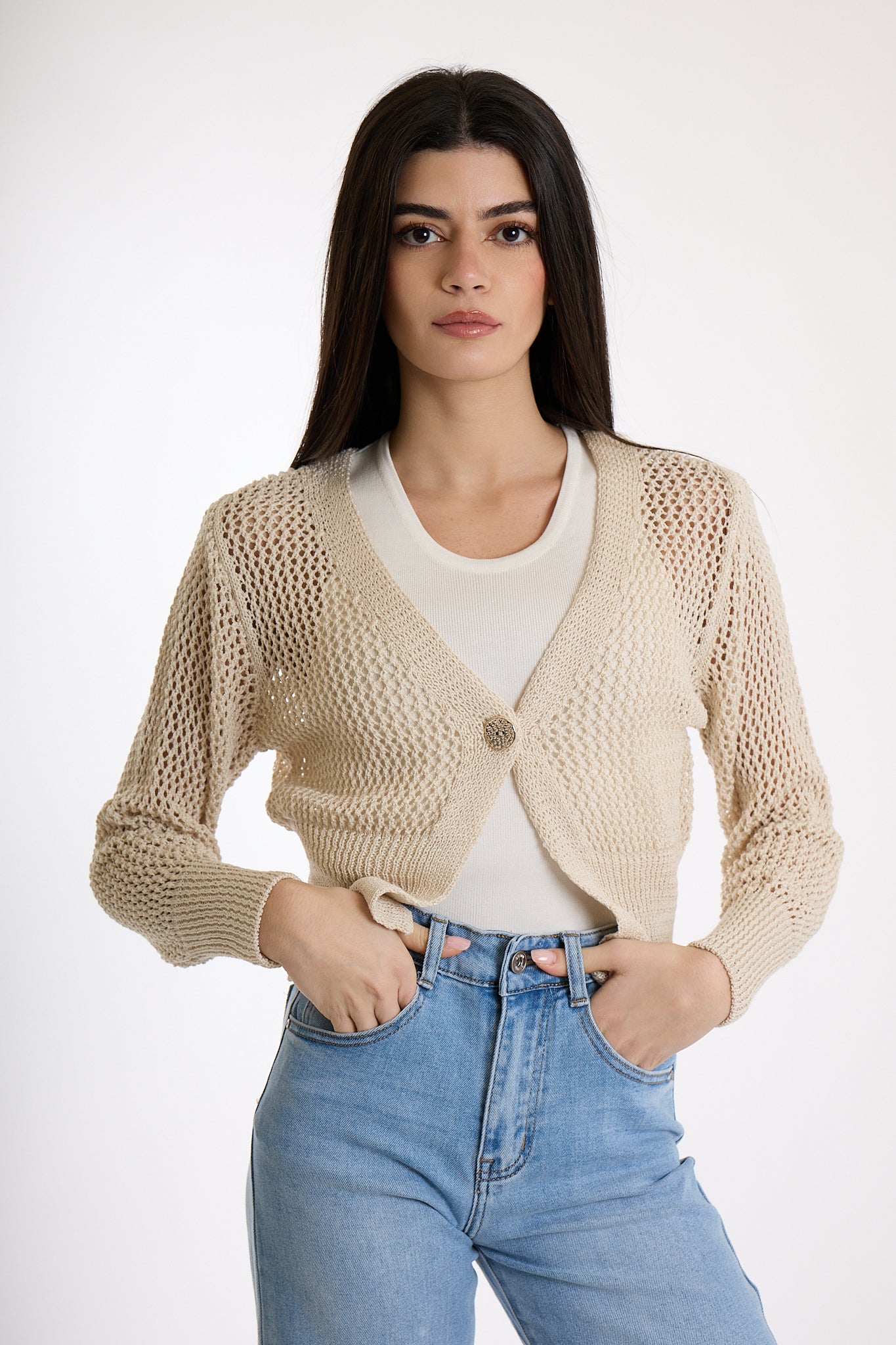 CARDIGAN CORTO BOTTONE ORO|Colore:Sabbia