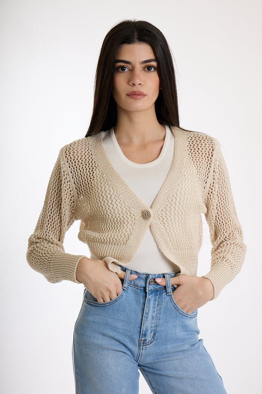 CARDIGAN CORTO BOTTONE ORO|Colore:Sabbia