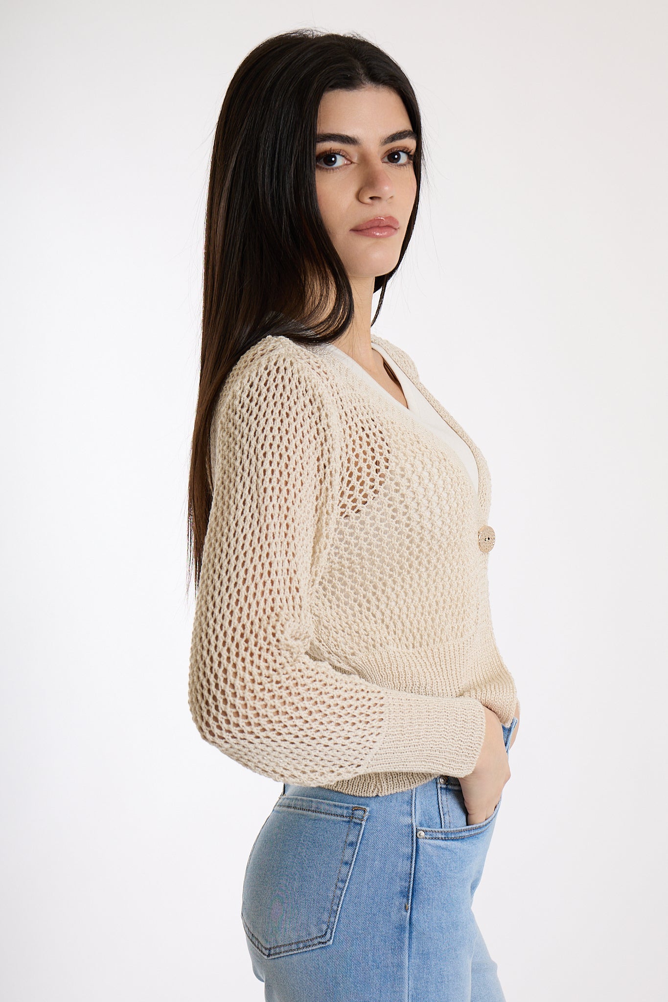 CARDIGAN CORTO BOTTONE ORO|Colore:Sabbia