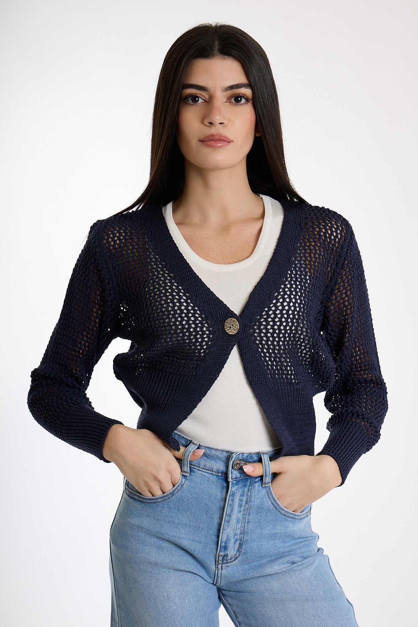 CARDIGAN CORTO BOTTONE ORO|Colore:Blu