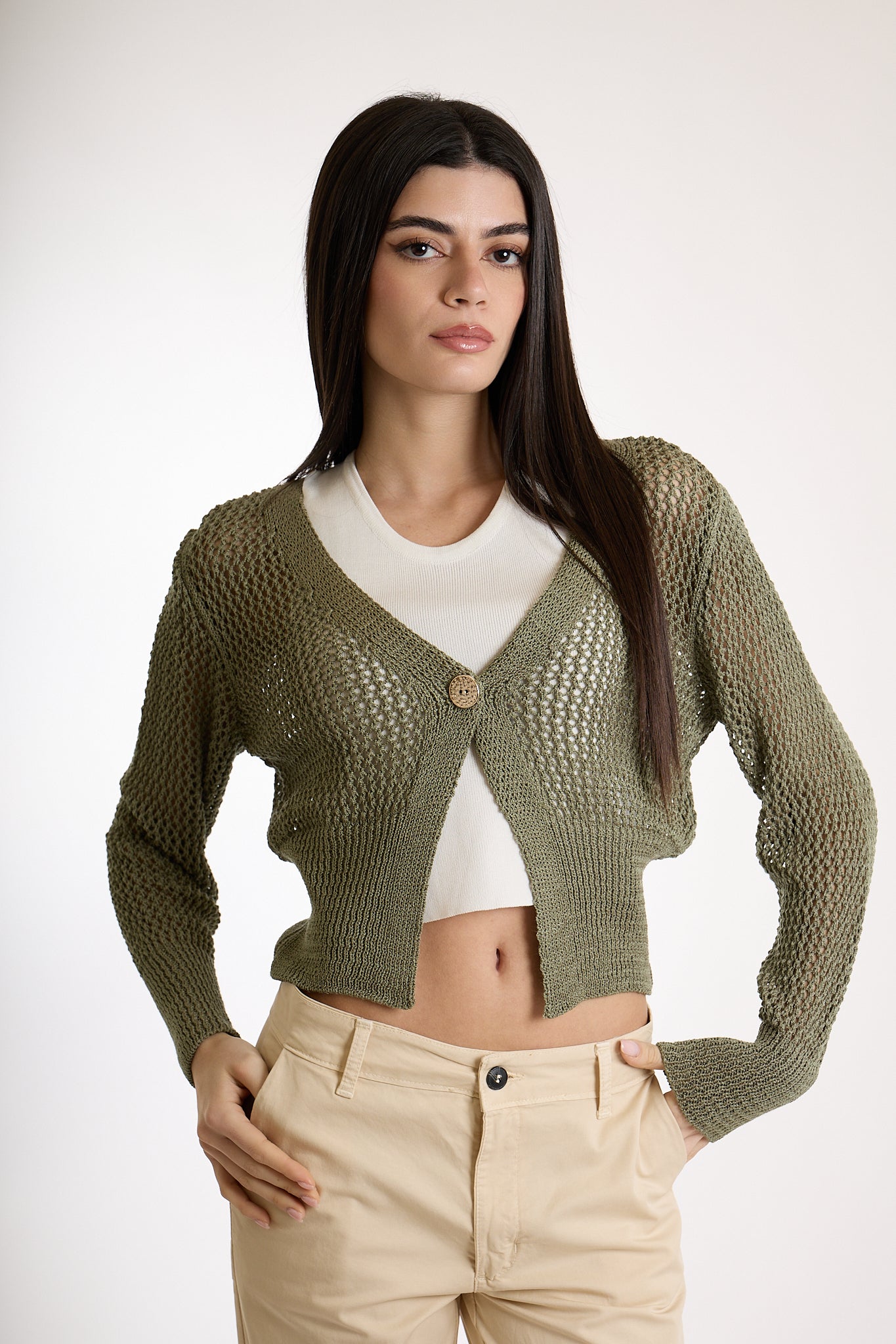 CARDIGAN CORTO BOTTONE ORO|Colore:Militare