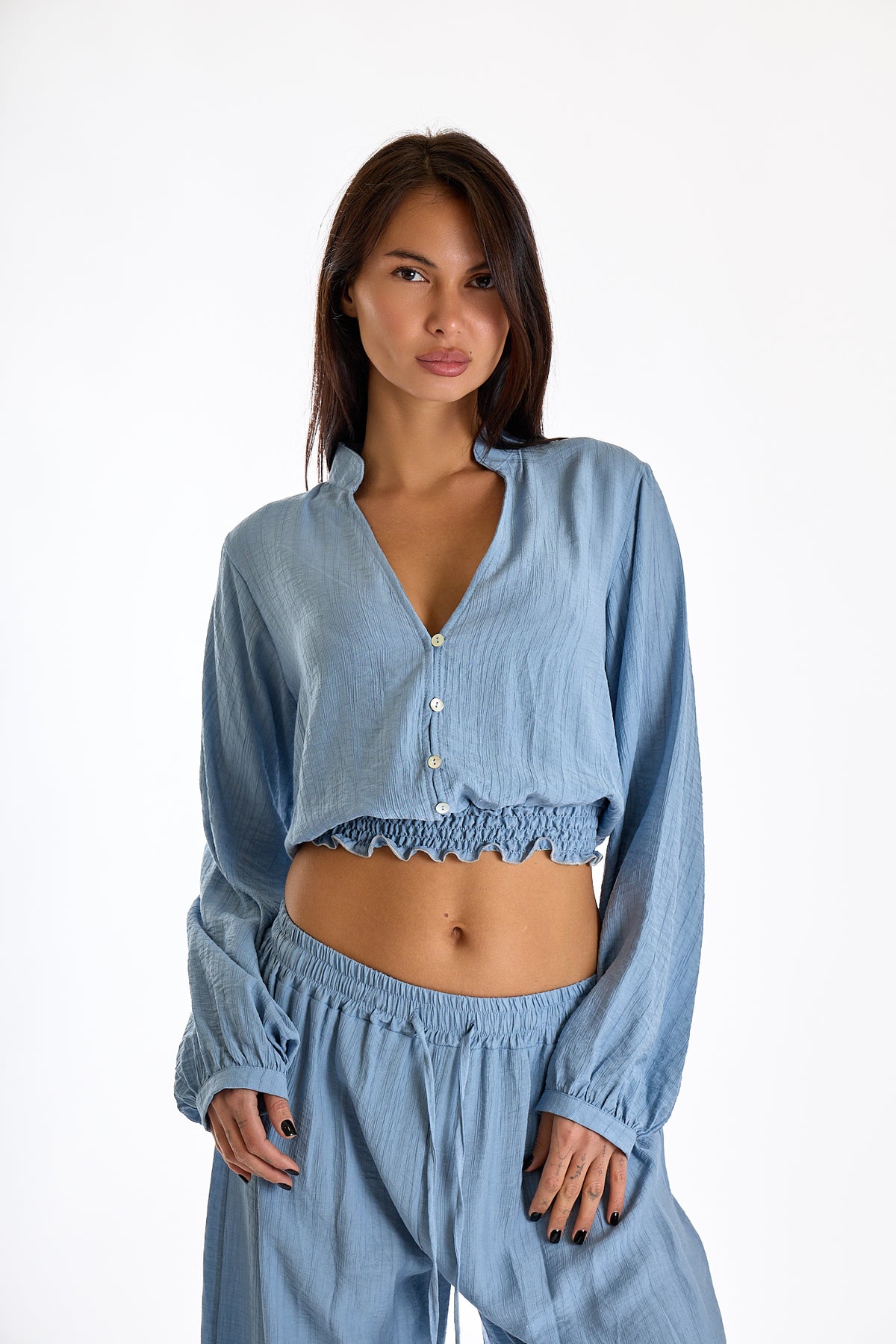 BLUSA CORTA ARRICCIATA|Colore:Celeste
