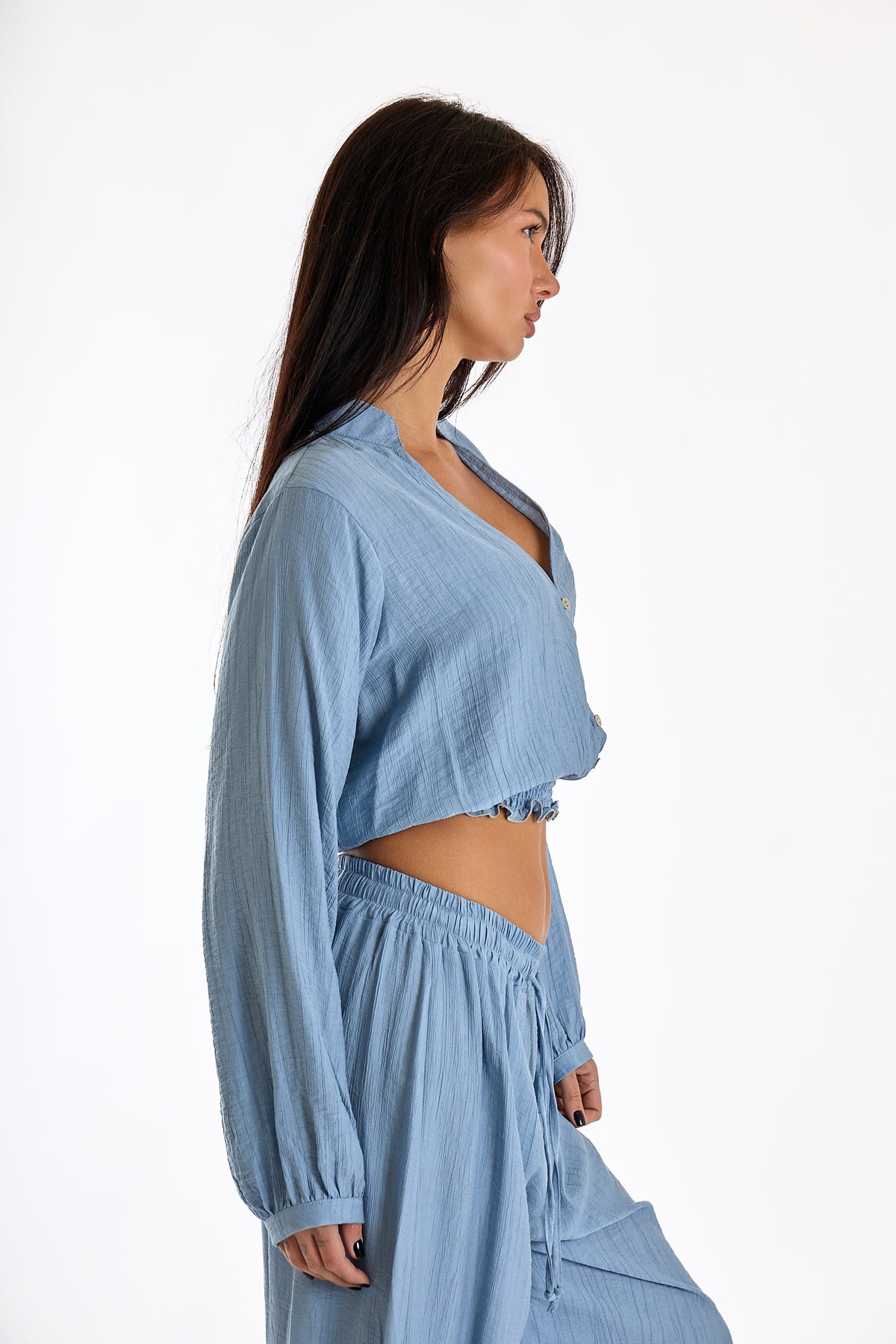 BLUSA CORTA ARRICCIATA|Colore:Celeste
