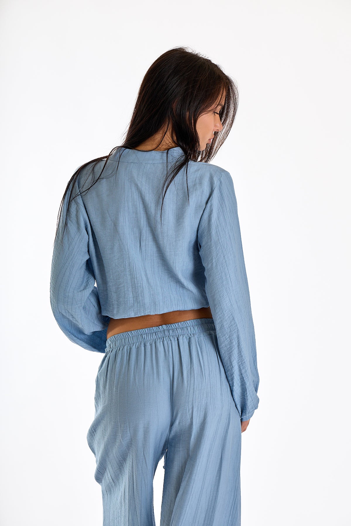 BLUSA CORTA ARRICCIATA|Colore:Celeste