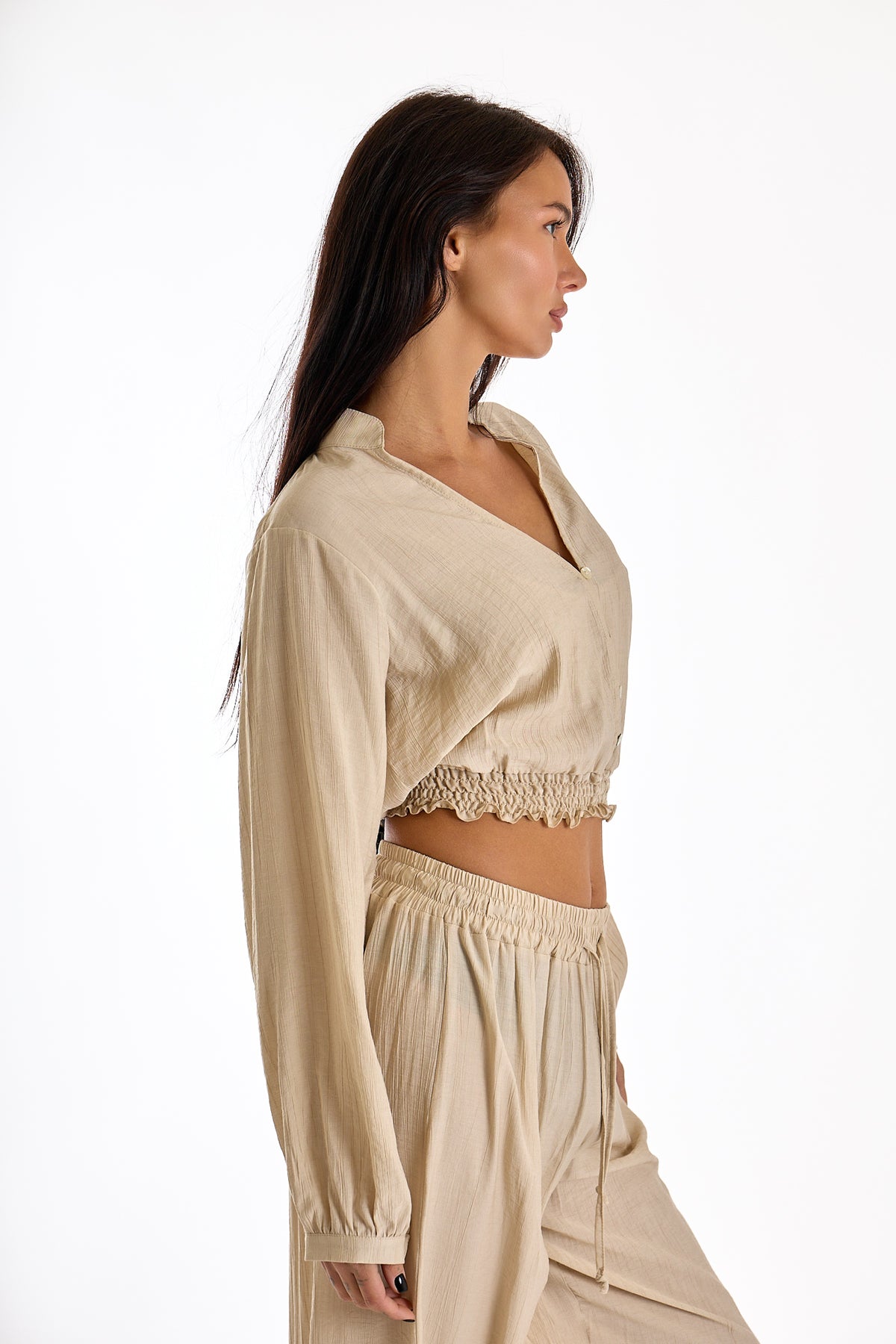 BLUSA CORTA ARRICCIATA|Colore:Sabbia