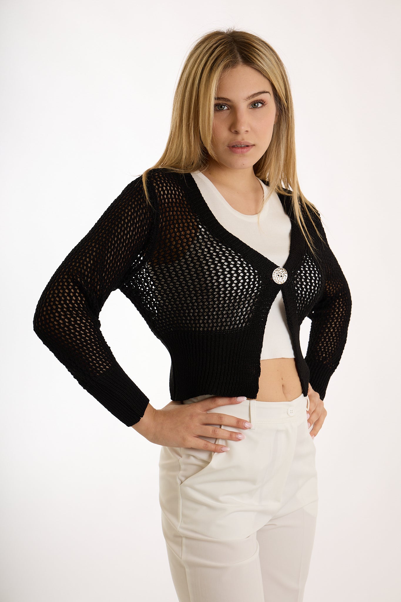 CARDIGAN CORTO BOTTONE ORO|Colore:Nero