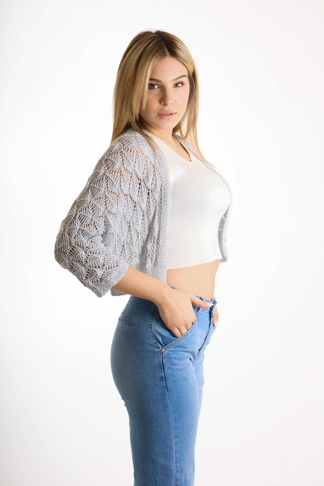 CARDIGAN CORTO LUREX|Colore:Bianco