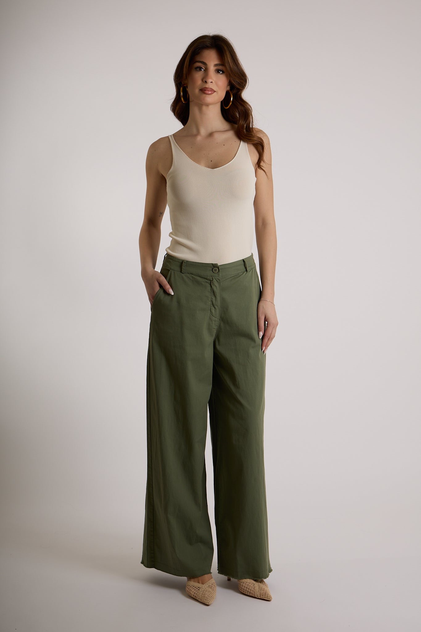 PANTALONE PALAZZO GAMBA AMPIA|Colore:Militare