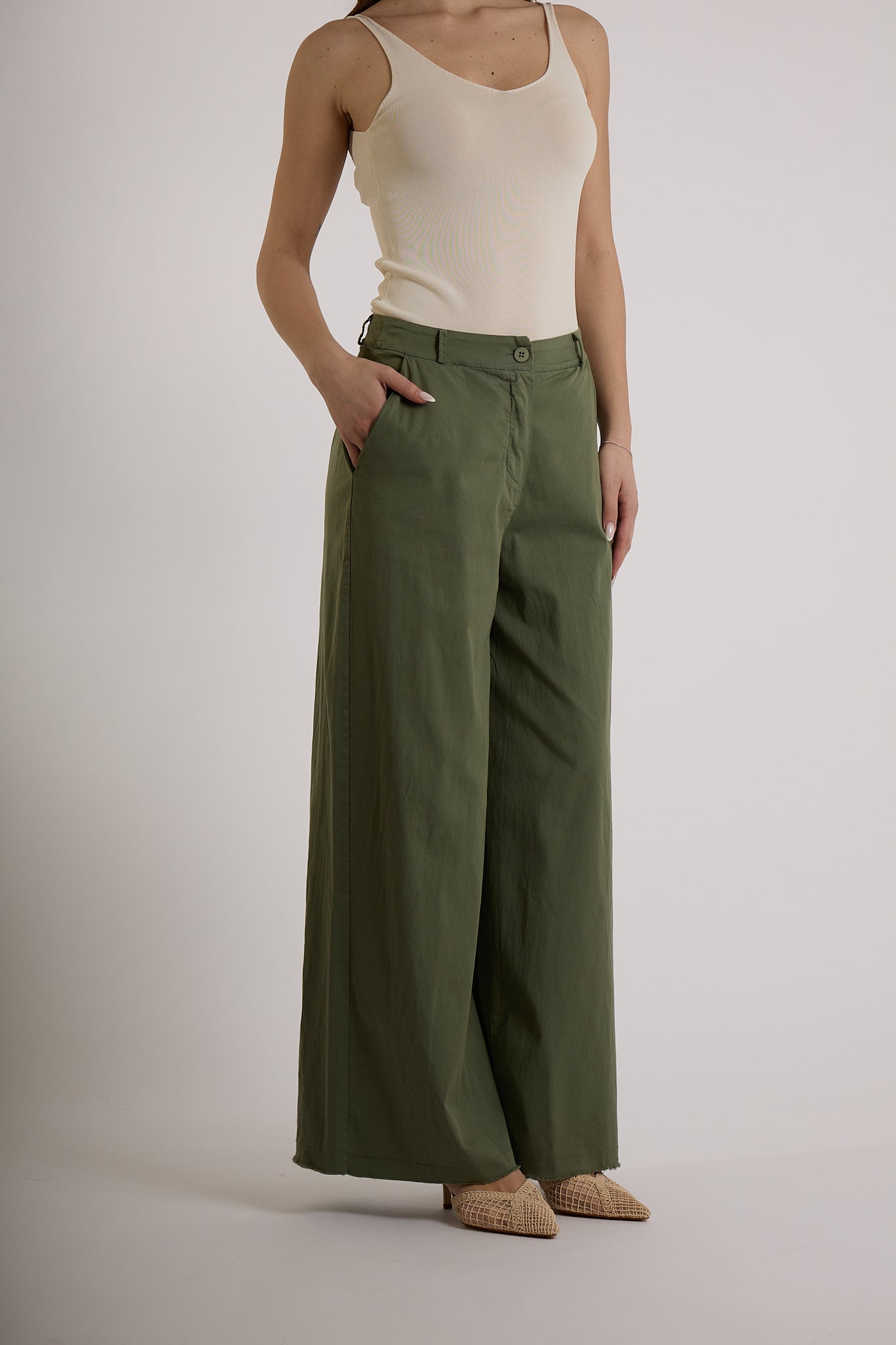 PANTALONE PALAZZO GAMBA AMPIA|Colore:Militare