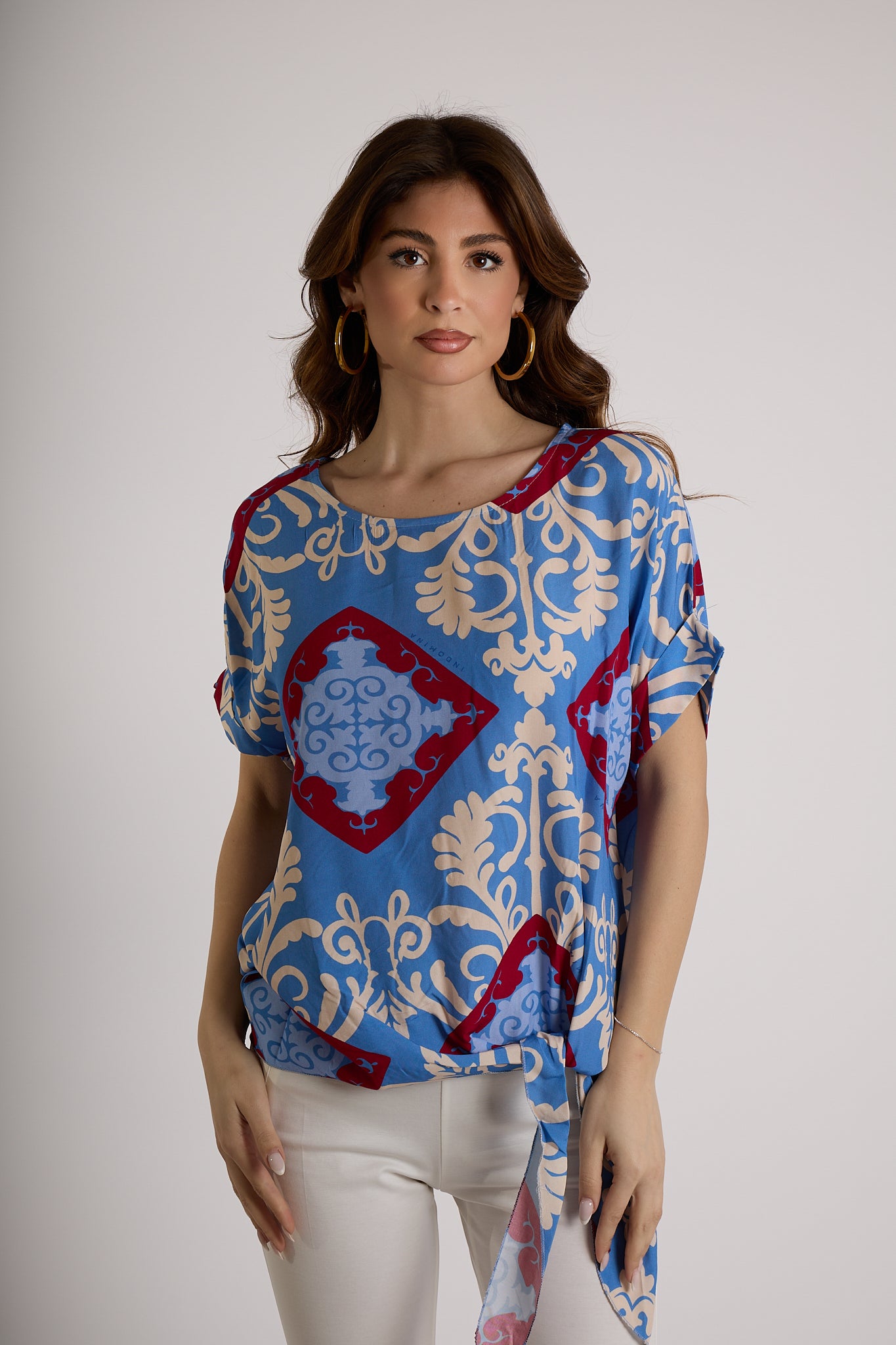 BLUSA CON NODO LATERALE IN FANTASIA|Colore:Jeans