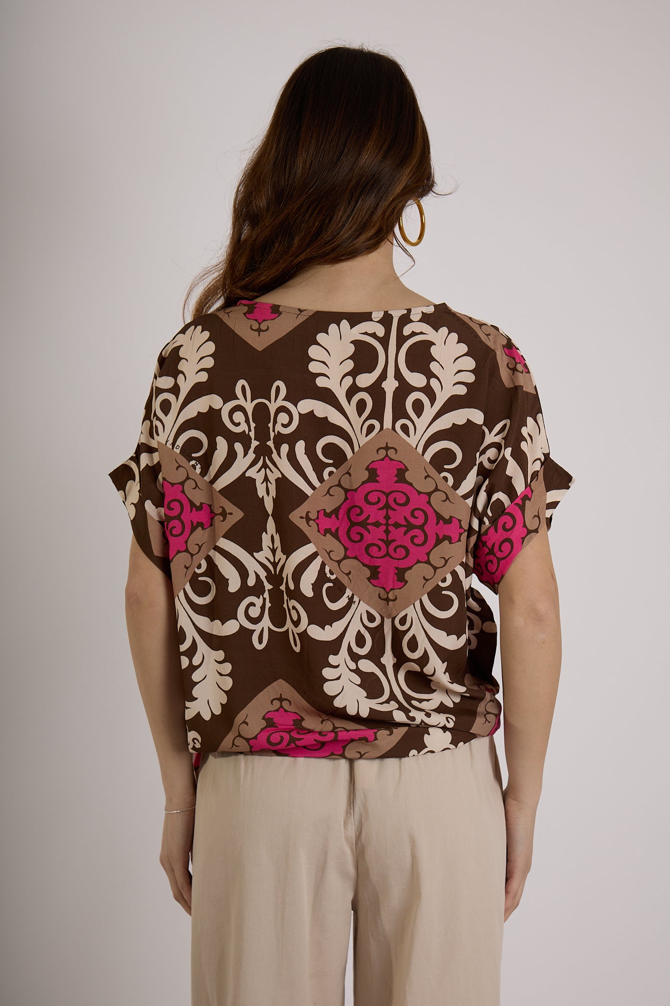 BLUSA CON NODO LATERALE IN FANTASIA|Colore:Cioccolato