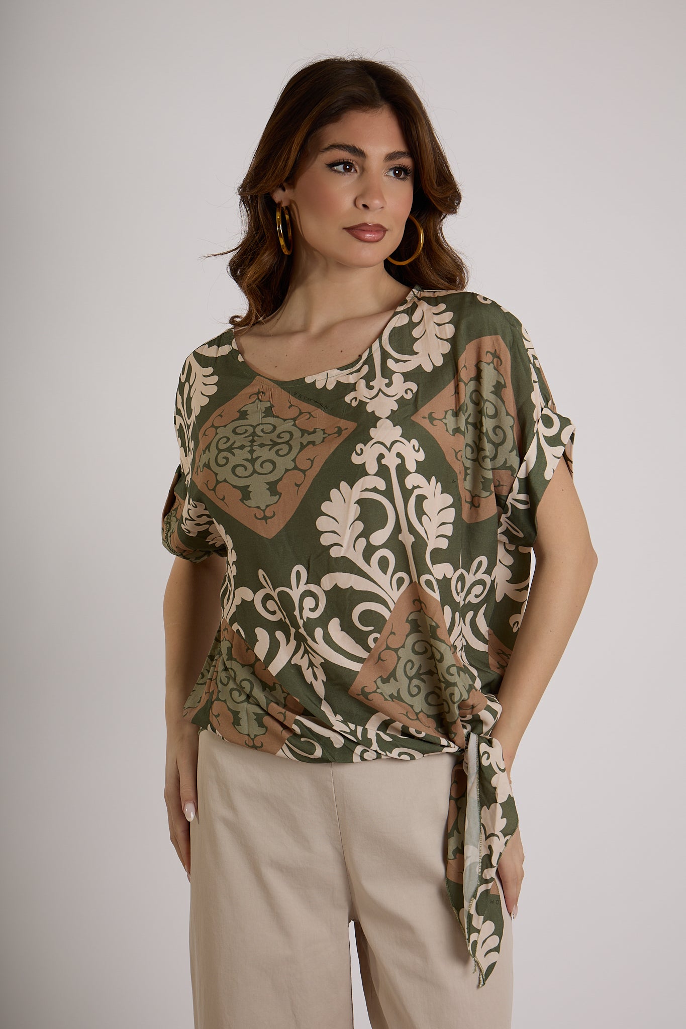 BLUSA CON NODO LATERALE IN FANTASIA|Colore:Militare