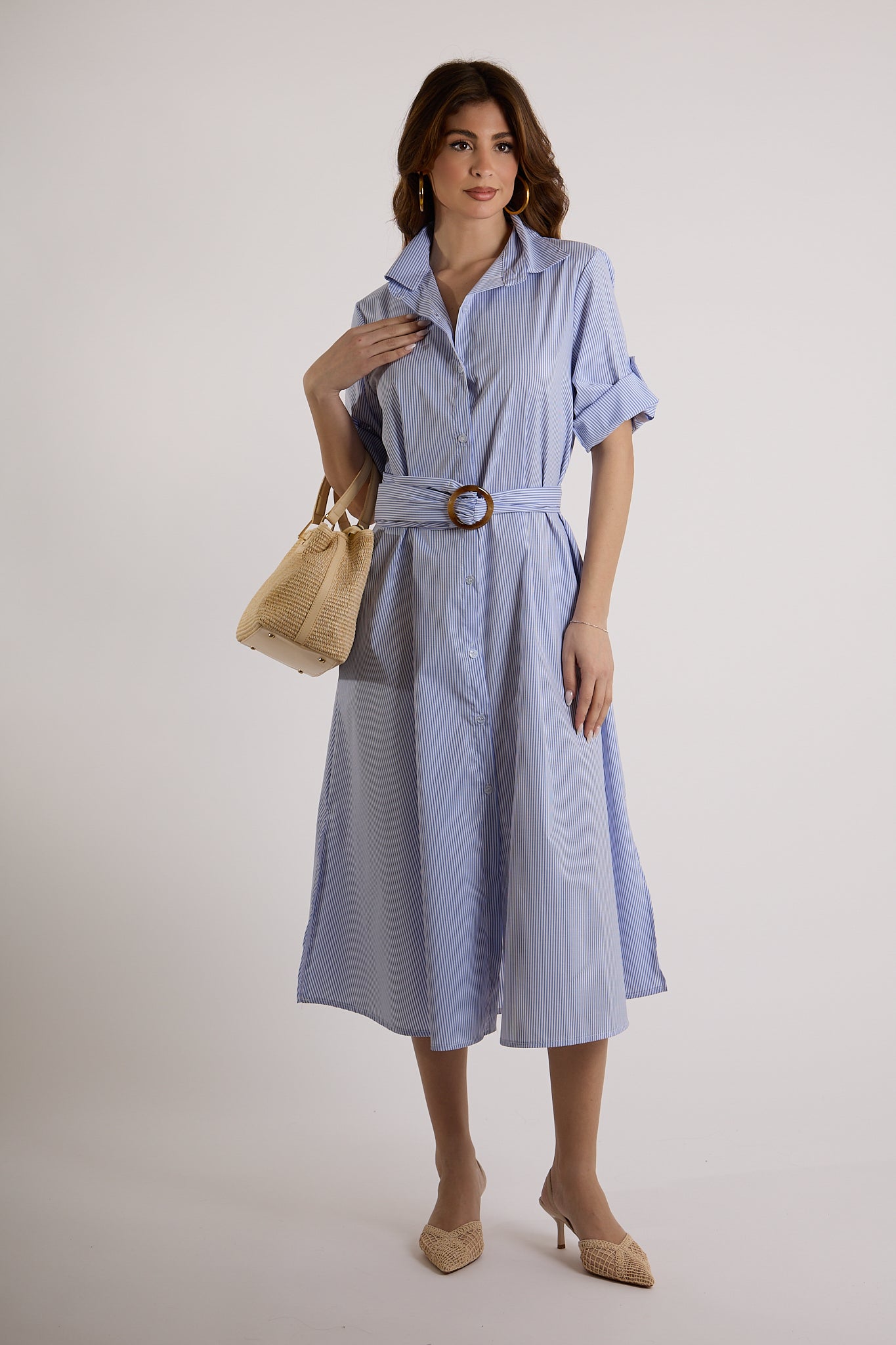 ABITO CON CINTURA IN COTONE|Colore:Celeste