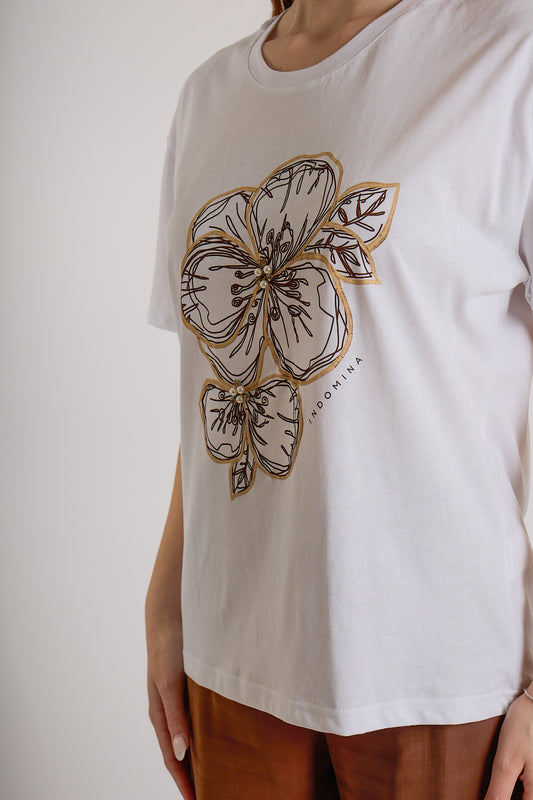 T-SHIRT FIORI PERLINE|Colore:Bianco