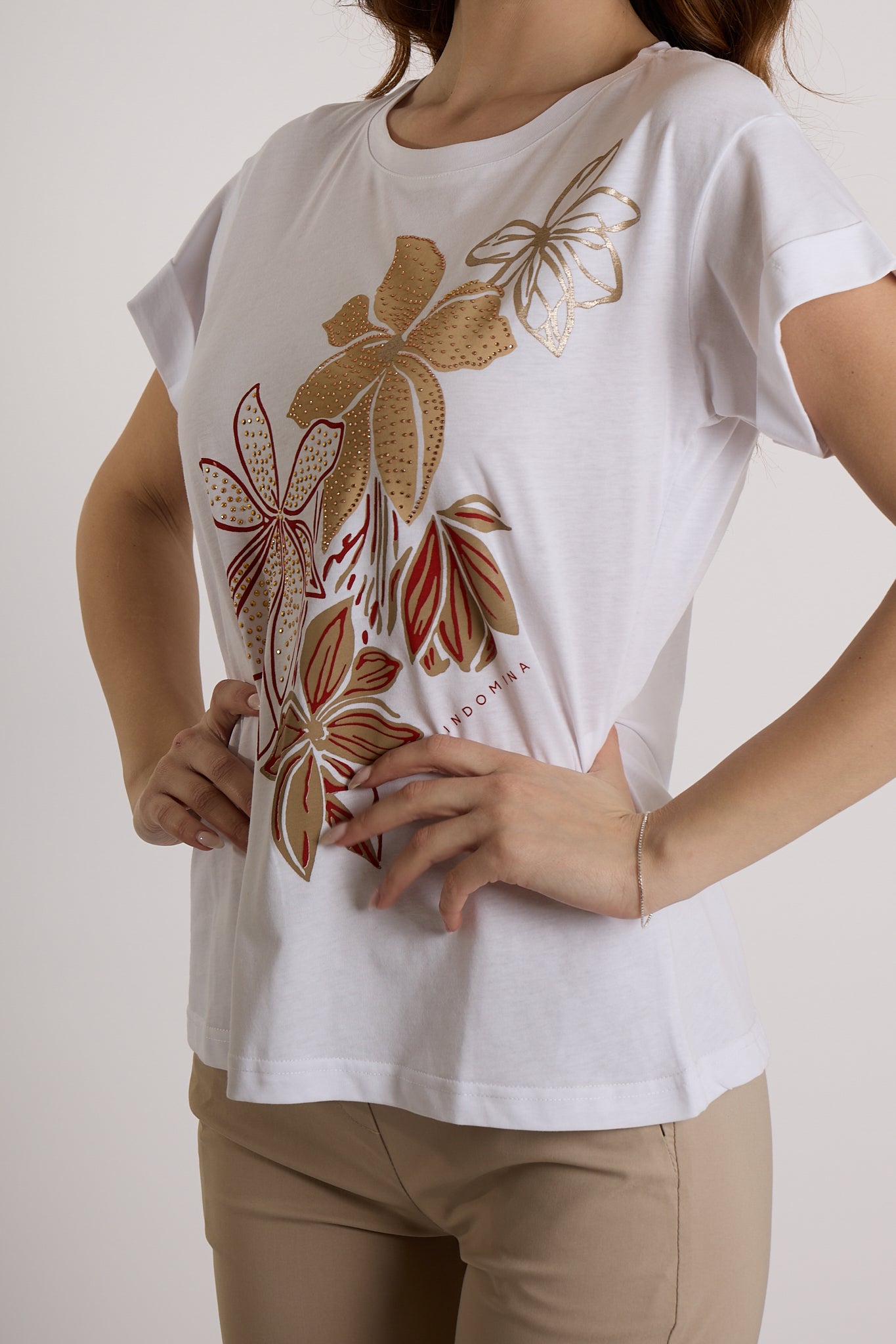 T-SHIRT FIORI STRASS|Colore:Bianco