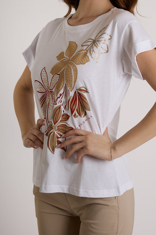 T-SHIRT FIORI STRASS|Colore:Bianco