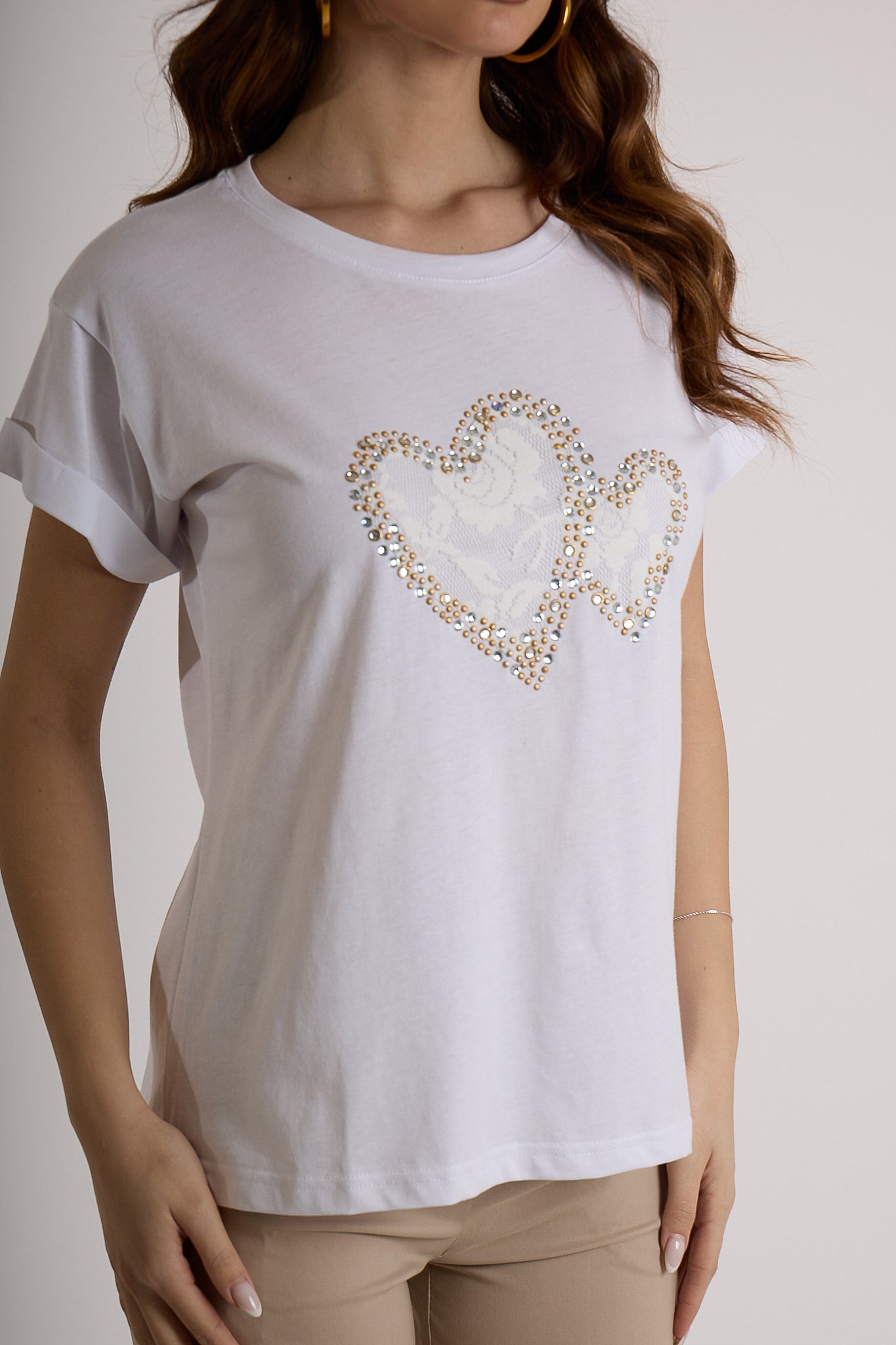 T-SHIRT CUORI STRASS|Colore:Bianco