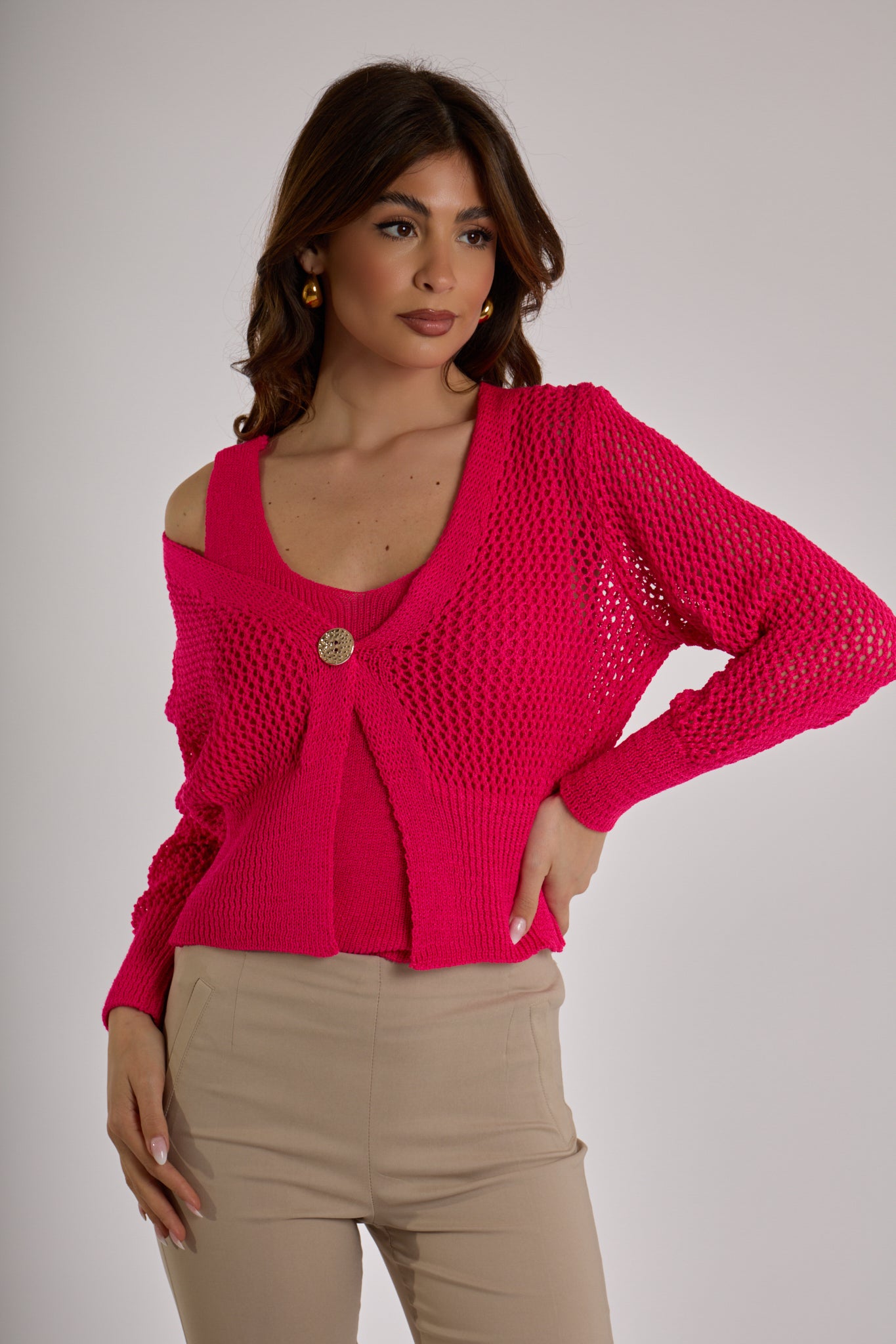 CARDIGAN CORTO BOTTONE ORO|Colore:Fucsia